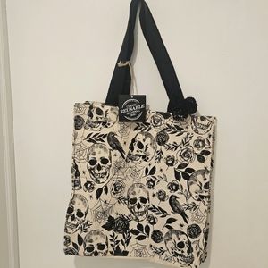 Canvas Tote Bag Skulls and Flowers with Black Pompom